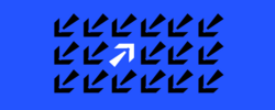 on a blue background, a single white arrow pointing up and to the right within a big group of black arrows pointing down and to the left