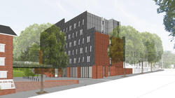 a 3D rendering of a building with a mix of brick, concrete, and glass facade