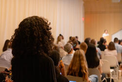 rear view of a person standing faced towards a presentation speaker, with a seated crowd between them